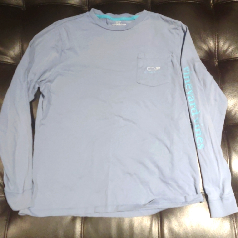 Grape colored vineyard Vines long sleeve T-shirt with turquoise writing accents.